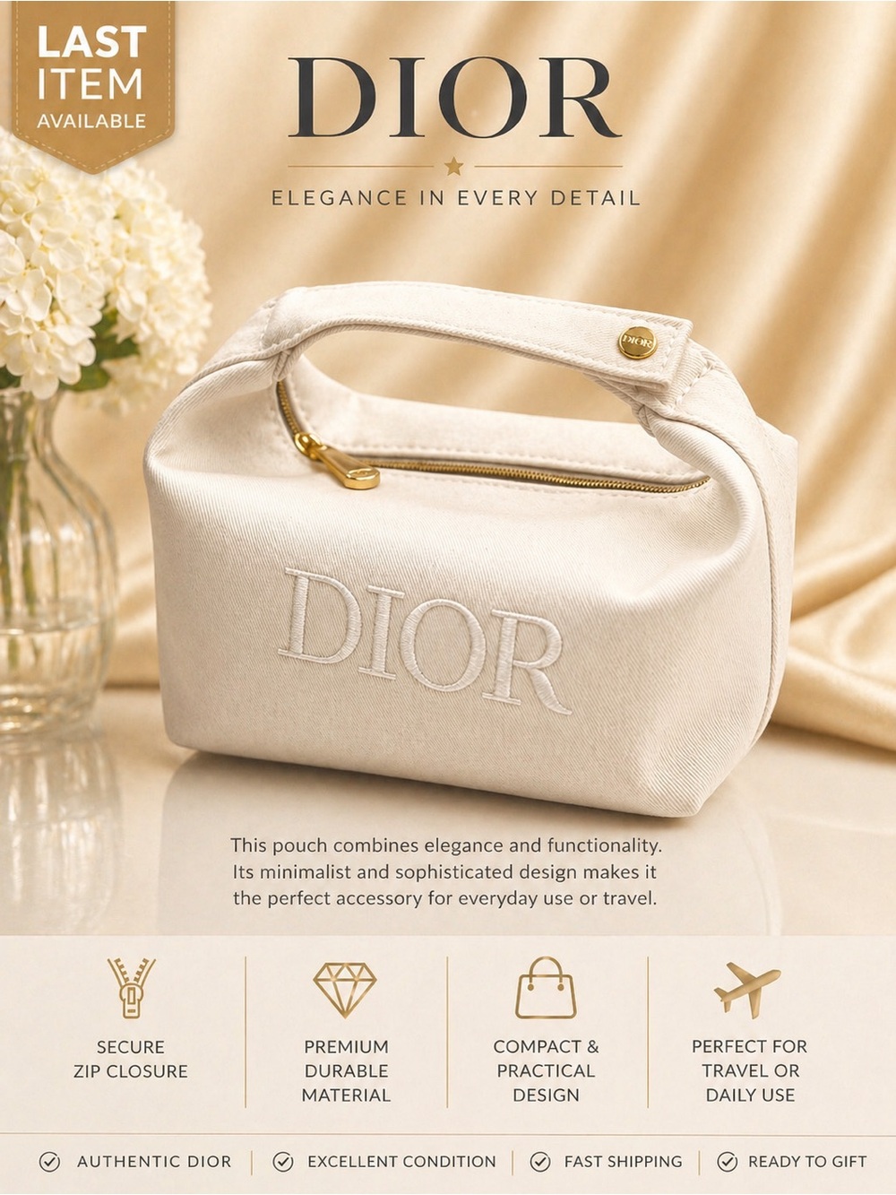 Dior Cream Canvas Cosmetic Pouch with Top Handle